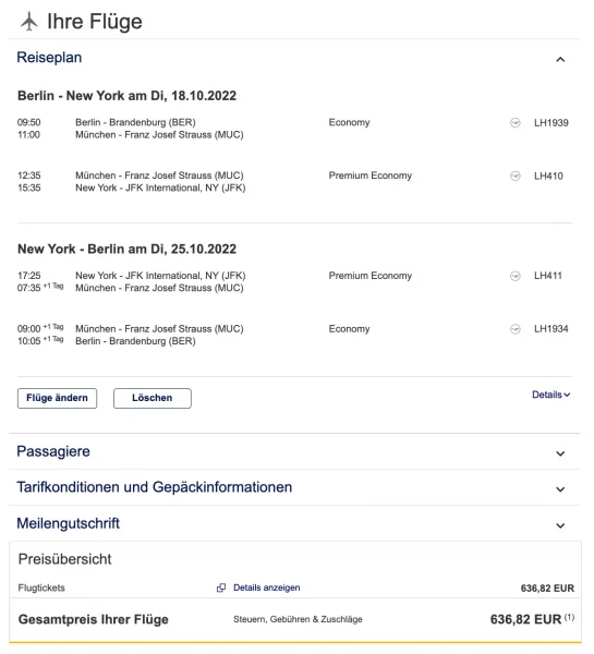 Flugauswahl Lufthansa Premium Economy Berlin Brandenburg - New York
