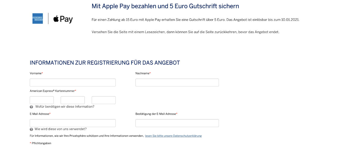 Registrierung Amex Apple Pay 5 Euro Gutschrift für ausgewählte Karteninhaber