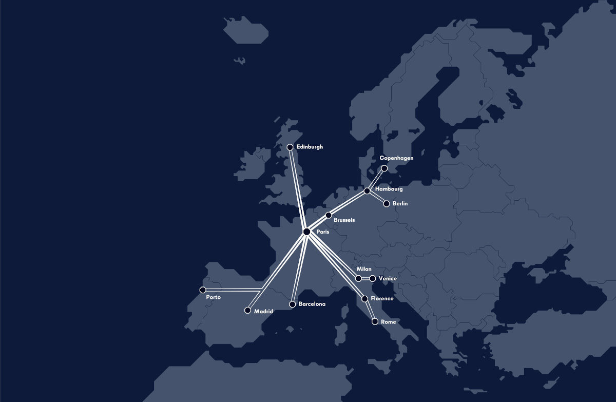 Karte mit geplanten Strecken innerhalb Europas von Midnight Express