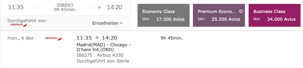 Prämienflug Iberia Plus Preisband 5 Madrid - Chicago