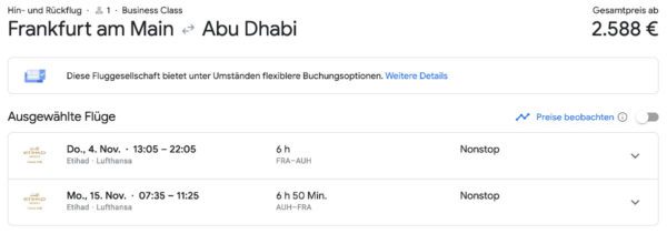 Google Flights Flugauswahl Frankfurt - Abu Dhabi