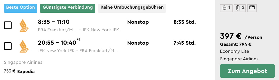 Singapore Airlines Frankfurt (FRA) - New York (JFK) Economy Class