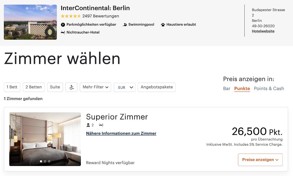 Screenshot Buchung InterContinental Berlin mit Punkten buchen