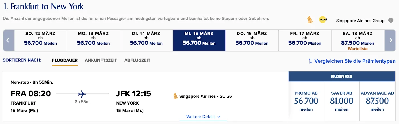 Singapore Airlines KrisFlyer Prämienflugauswahl Frankfurt - New York
