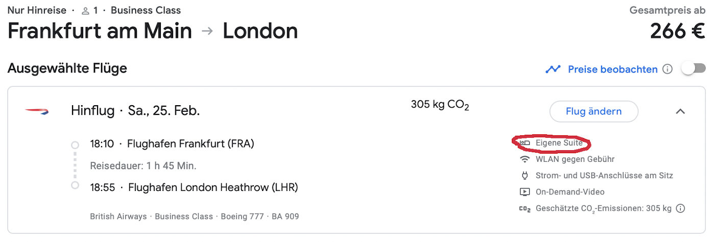 Google-Flights British Airways Langstreckenflugzeug Frankfurt - London Heathrow Club Suite